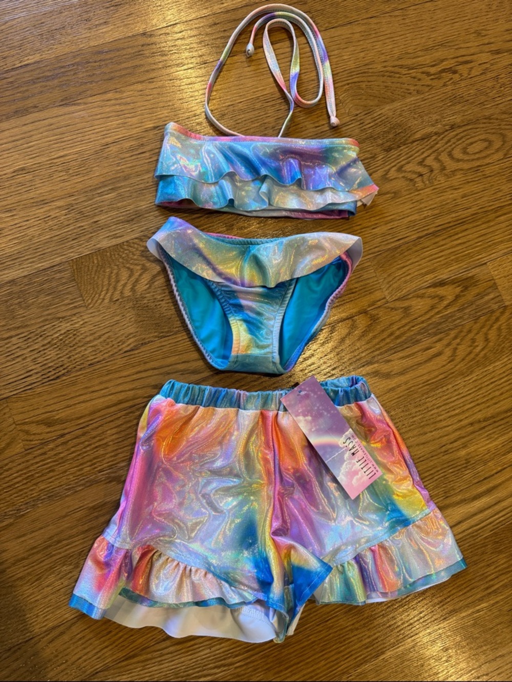 Les Tout Petits by Lois Letzt Girls 4T Iridescent Rainbow Ruffle Bikini w shorts
